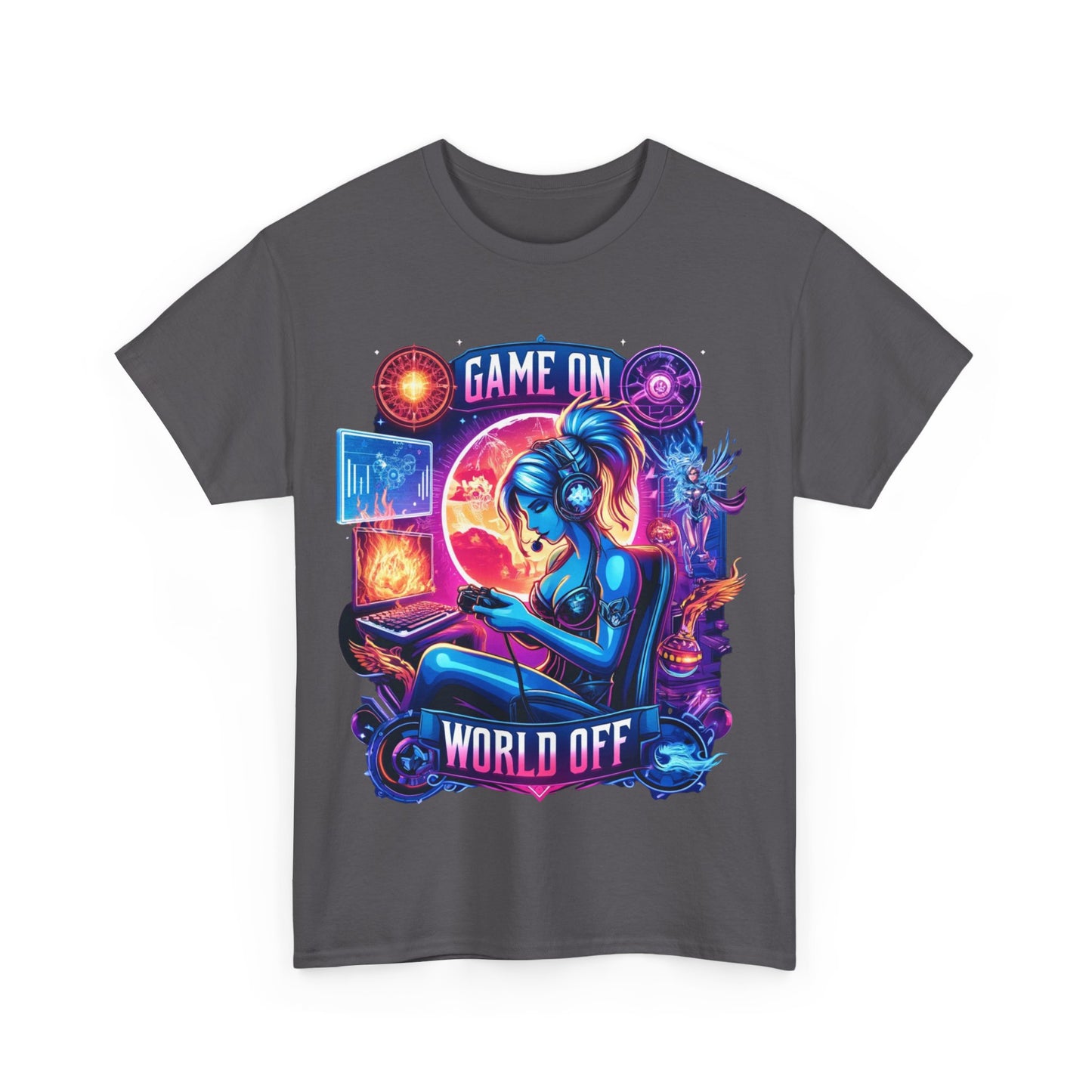"Game On, World Off" T-Shirt: Elevate Your Gaming Style with Exclusive Pin-Up Graphics – Perfect for Serious Gamers