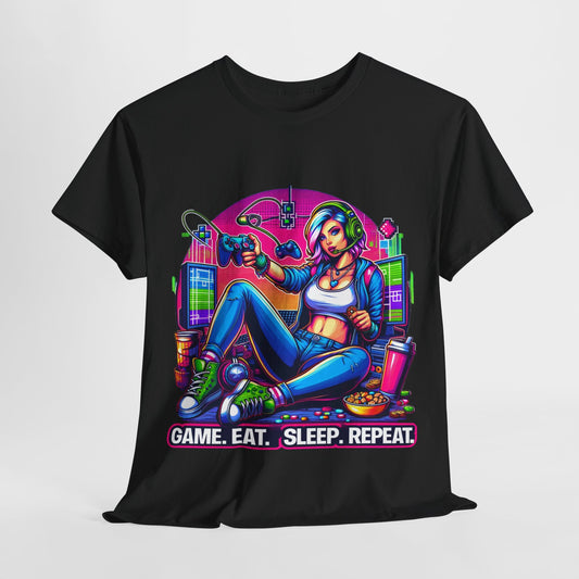 Shop 'Game. Eat. Sleep. Repeat.' T-Shirt - Essential Gamer Gear for Marathon Sessions!