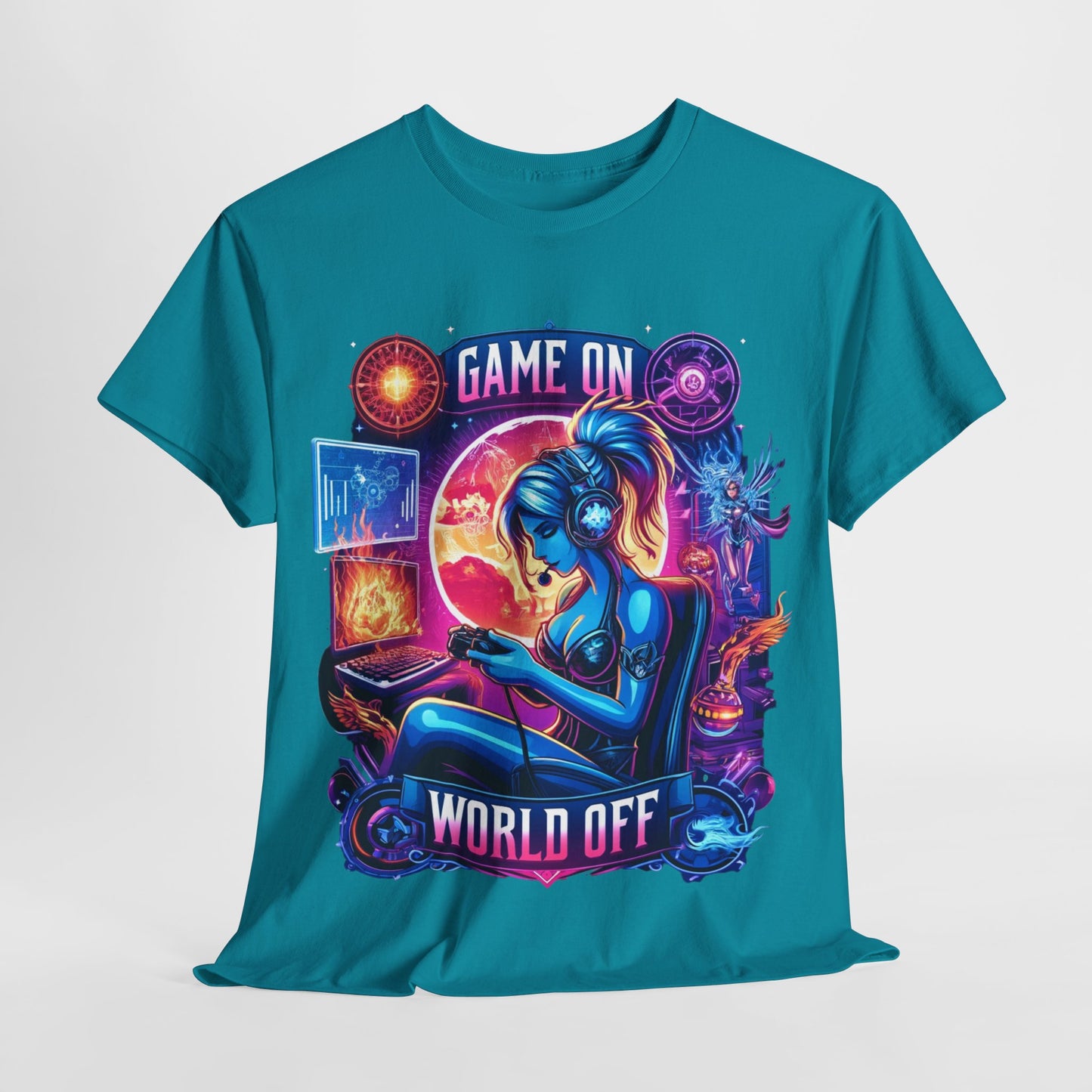 "Game On, World Off" T-Shirt: Elevate Your Gaming Style with Exclusive Pin-Up Graphics – Perfect for Serious Gamers