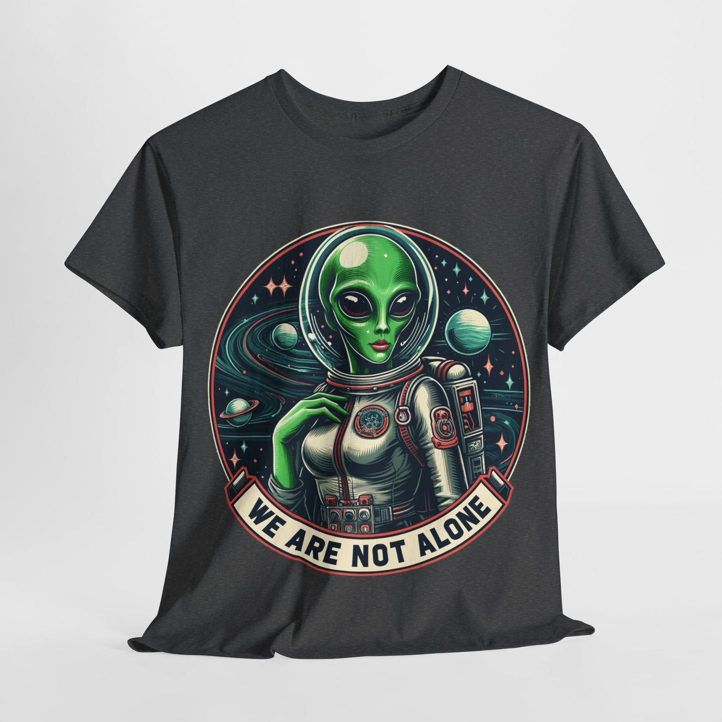 "Discover 'We Are Not Alone' Alien Tee: Embrace Cosmic Mysteries in Vintage Sci-Fi Style" 🌌✨