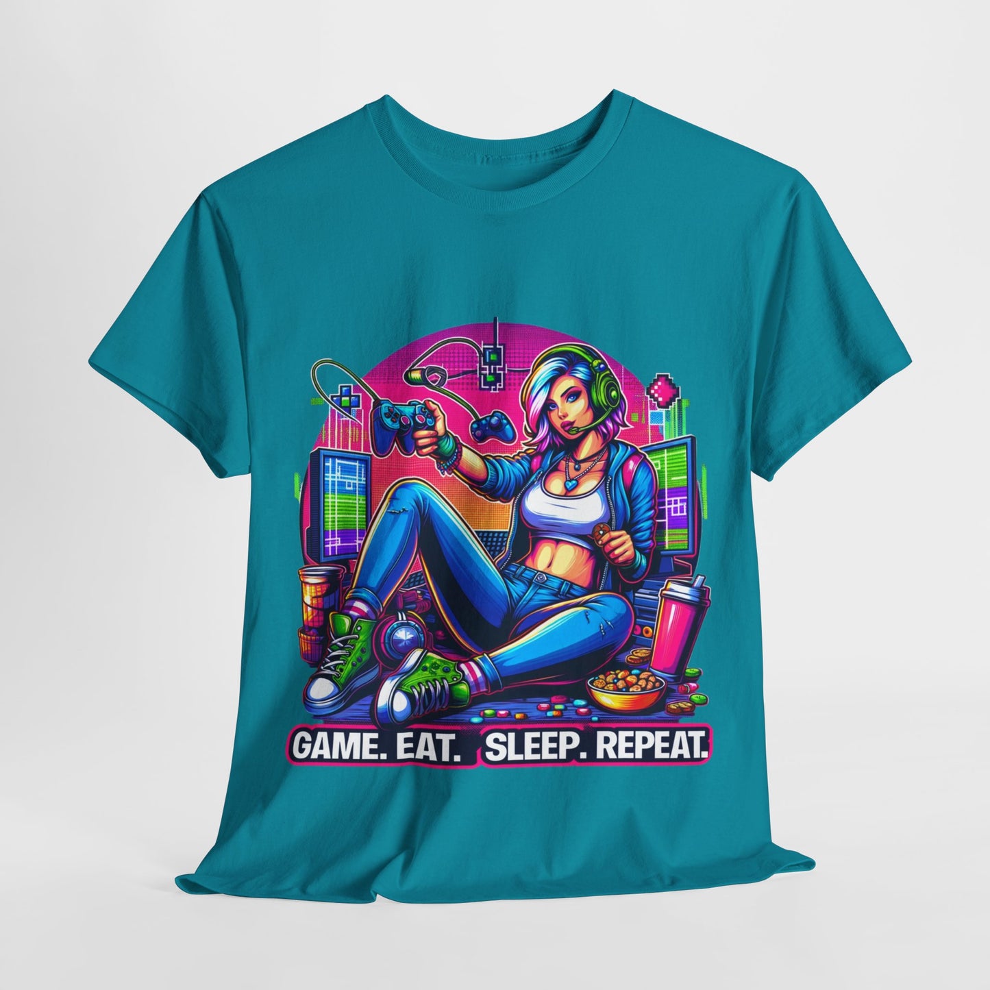 Shop 'Game. Eat. Sleep. Repeat.' T-Shirt - Essential Gamer Gear for Marathon Sessions!