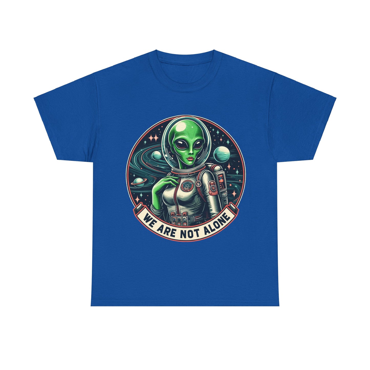 "Discover 'We Are Not Alone' Alien Tee: Embrace Cosmic Mysteries in Vintage Sci-Fi Style" 🌌✨